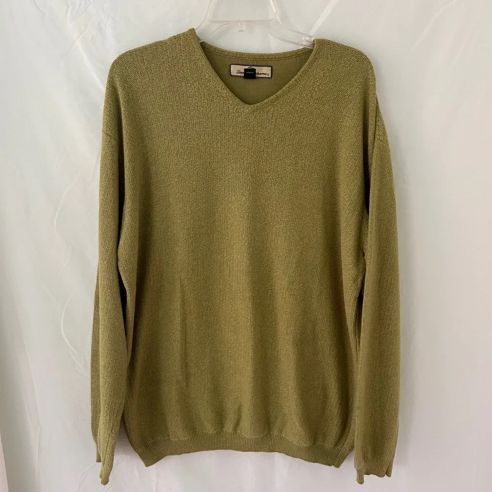 Tommy Bahama V Neck Sweater Olive Green Textured Knit Mens XL Rayon Nylon Cotton